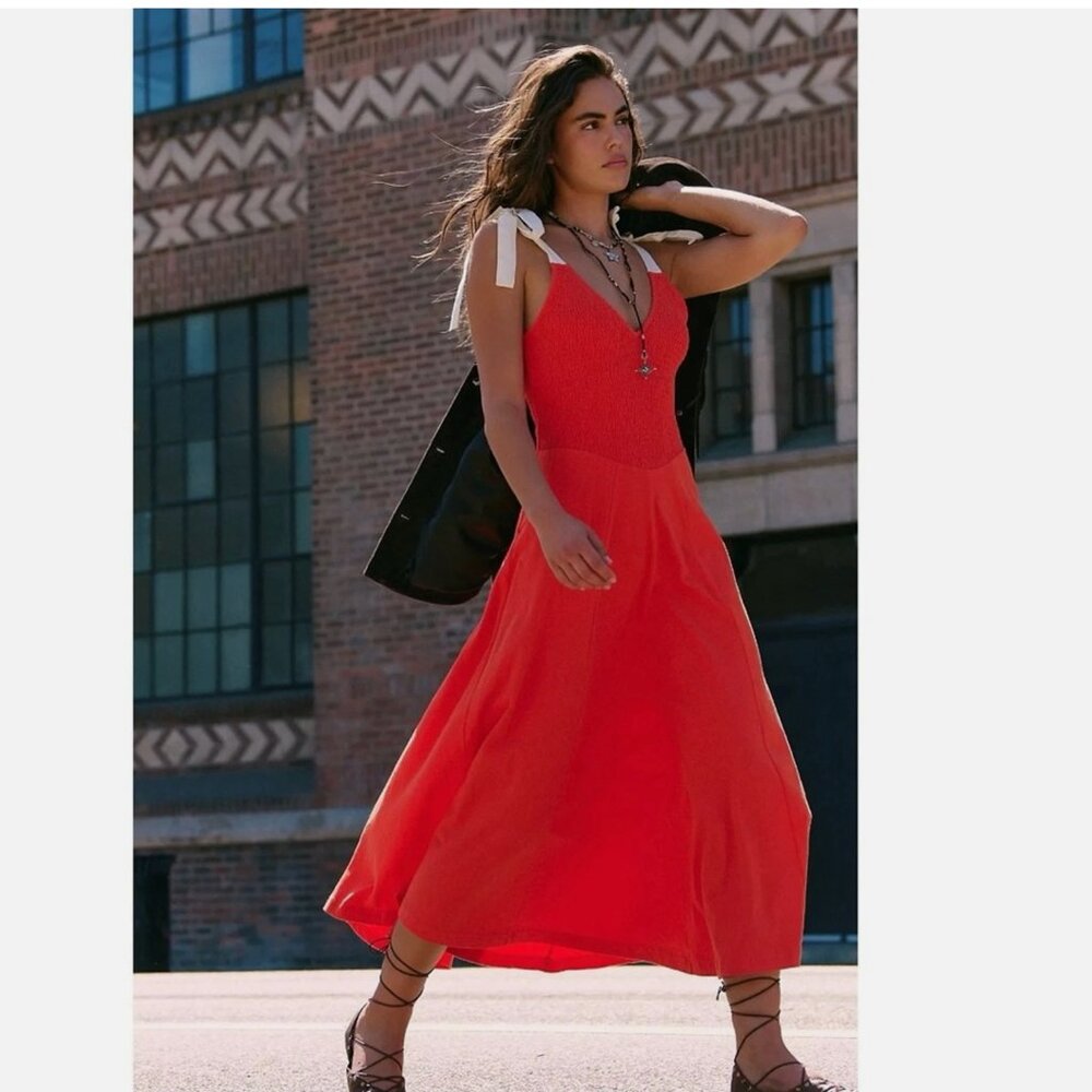 Free People Cecelia Smocked Cotton Tie Shoulder Midi Dress Mandarin Orange XS